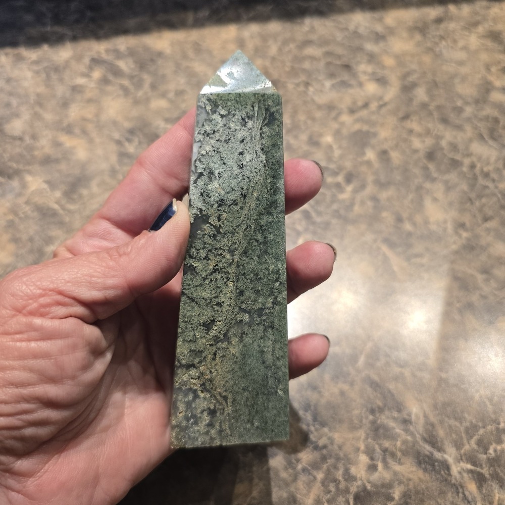 Moss Agate Crystal Tower 4.75" Polished Green Stone Point - Picture 2 of 6